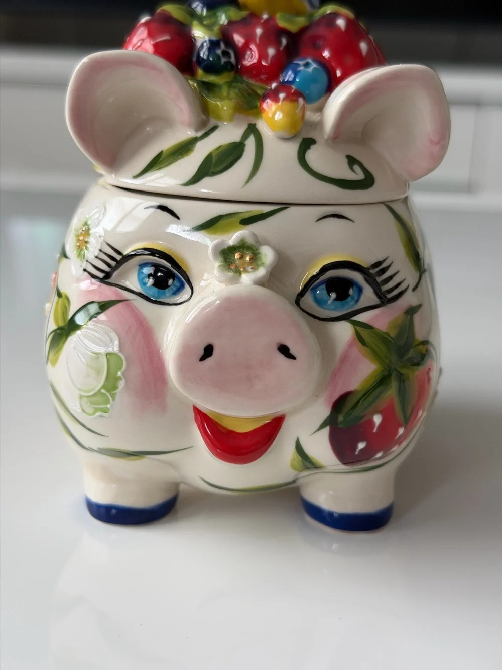 Blue Sky Heather J. McCall 2004 Hand-Painted Strawberry Pig Sugar Bowl Jam Pot
